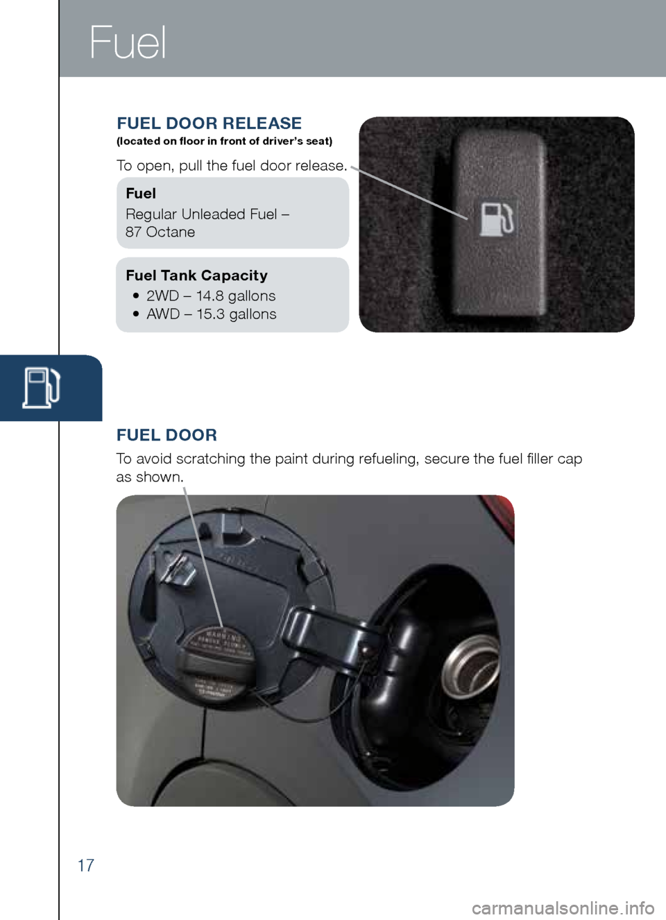 MAZDA MODEL CX-5 2014  Smart Start Guide (in English) 17
Fuel
FUEL D OOR
To	avoid	scratching	the	paint	during	refueling,	secure	the	fuel	filler	cap 		
as	shown.
FUE L DOOR R ELEASE  (located on floor in front of driver’s seat)
To	open,	pull	the	fuel	do