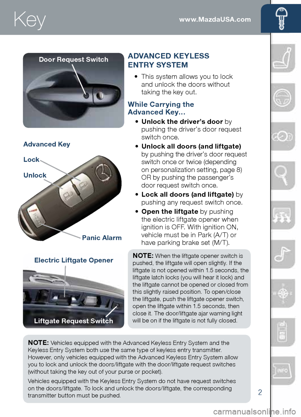 MAZDA MODEL CX-5 2014  Smart Start Guide (in English) 2
www.MazdaUSA.com
Electric Liftgate Opener
Advanced Key
Lock
UnlockPanic Alarm
ADVANCED KEYLESS   
ENTRY SYSTEM
•	 	 This	system	allows	you	to	lock 		
and	unlock	the	doors	without 	
taking	the	key	