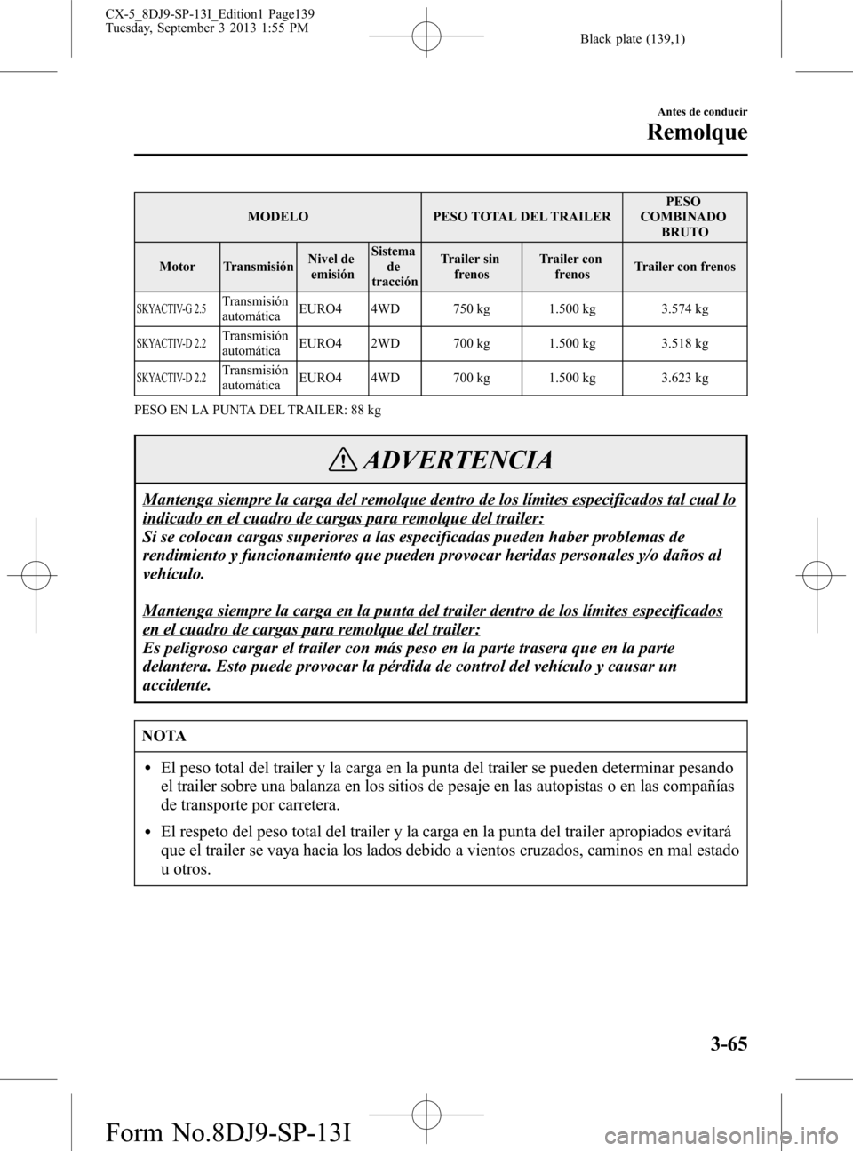 MAZDA MODEL CX-5 2014  Manual del propietario (in Spanish) Black plate (139,1)
MODELO PESO TOTAL DEL TRAILERPESO
COMBINADO
BRUTO
Motor TransmisiónNivel de
emisiónSistema
de
tracciónTrailer sin
frenosTrailer con
frenosTrailer con frenos
SKYACTIV-G 2.5Transm