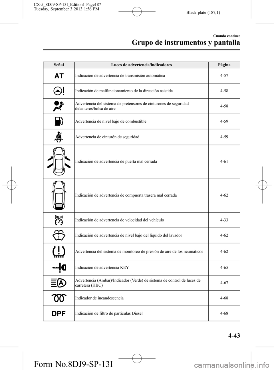 MAZDA MODEL CX-5 2014 Manual del propietario (in Spanish) Black plate (187,1)
Señal Luces de advertencia/indicadores Página
Indicación de advertencia de transmisión automática 4-57
Indicación de malfuncionamiento de la dirección asistida 4-58
Adverten MAZDA MODEL CX-5 2014 Manual del propietario (in Spanish) Black plate (187,1)
Señal Luces de advertencia/indicadores Página
Indicación de advertencia de transmisión automática 4-57
Indicación de malfuncionamiento de la dirección asistida 4-58
Adverten
