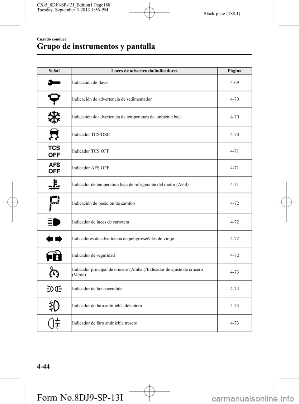 MAZDA MODEL CX-5 2014  Manual del propietario (in Spanish) Black plate (188,1)
Señal Luces de advertencia/indicadores Página
Indicación de llave 4-69
Indicación de advertencia de sedimentador 4-70
Indicación de advertencia de temperatura de ambiente baja