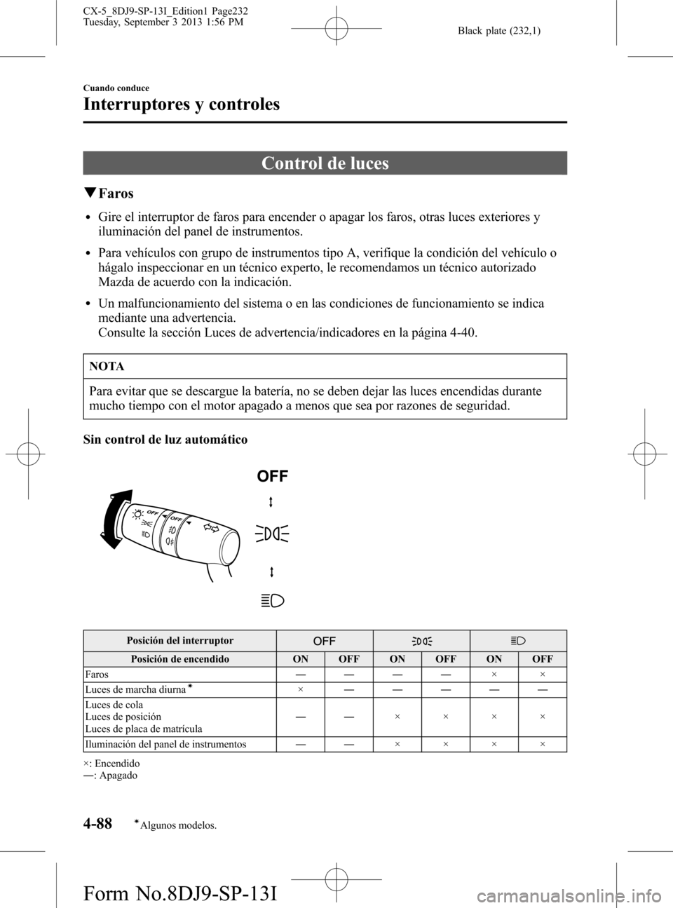 MAZDA MODEL CX-5 2014  Manual del propietario (in Spanish) Black plate (232,1)
Control de luces
qFaros
lGire el interruptor de faros para encender o apagar los faros, otras luces exteriores y
iluminación del panel de instrumentos.
lPara vehículos con grupo 