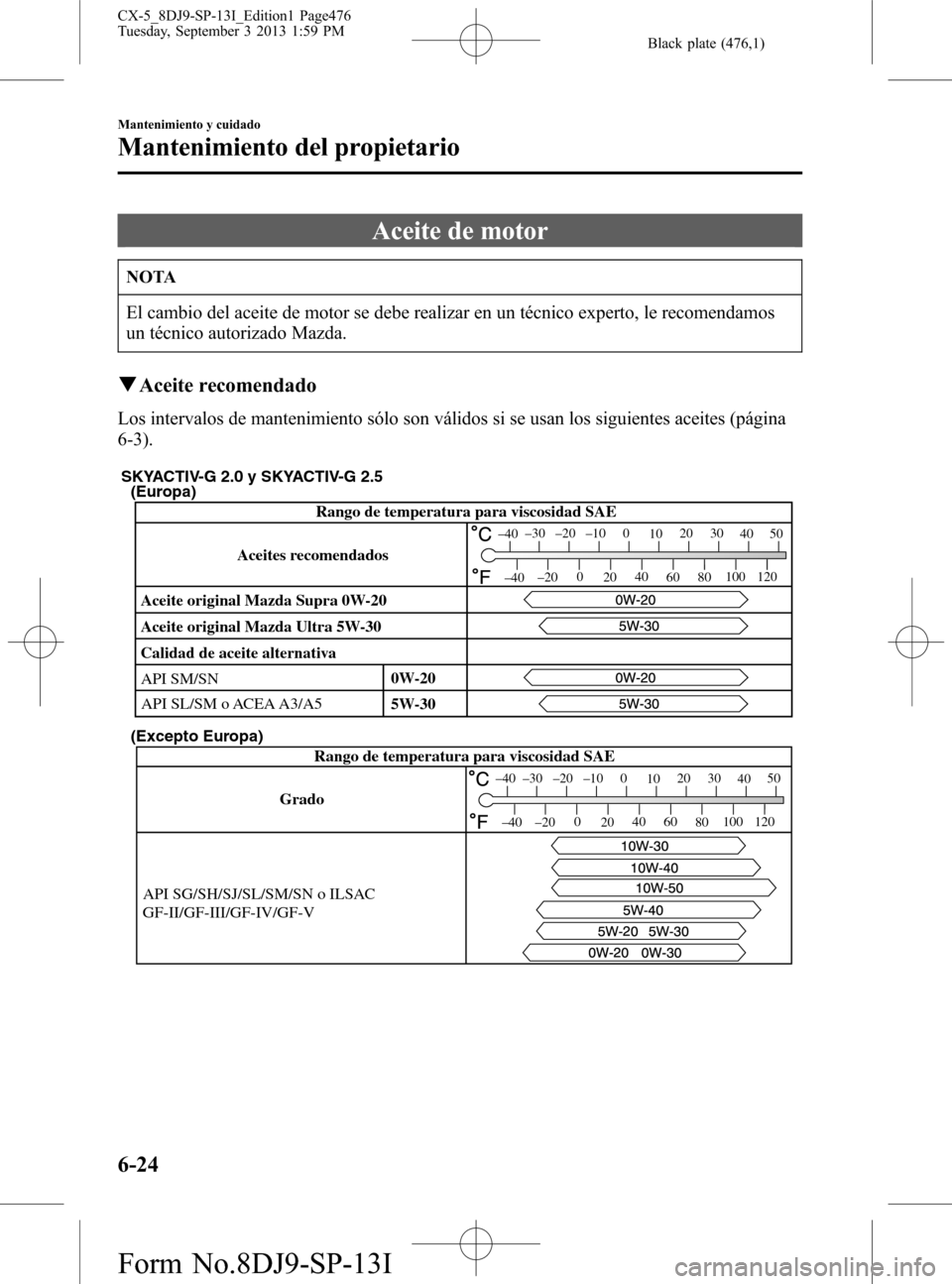 MAZDA MODEL CX-5 2014  Manual del propietario (in Spanish) Black plate (476,1)
Aceite de motor
NOTA
El cambio del aceite de motor se debe realizar en un técnico experto, le recomendamos
un técnico autorizado Mazda.
qAceite recomendado
Los intervalos de mant