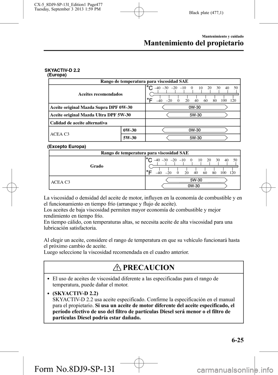 MAZDA MODEL CX-5 2014  Manual del propietario (in Spanish) Black plate (477,1)
(Europa)
(Excepto Europa)
GradoRango de temperatura para viscosidad SAE
ACEA C3
–30
–20 –10 0
1020 30
4050
–200
2040
60
80100 120
–40
–40
SKYACTIV-D 2.2
Rango de temper