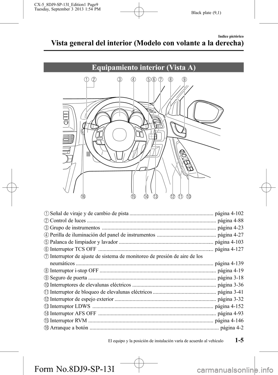MAZDA MODEL CX-5 2014  Manual del propietario (in Spanish) Black plate (9,1)
Equipamiento interior (Vista A)
Señal de viraje y de cambio de pista ............................................................. página 4-102
Control de luces ...................