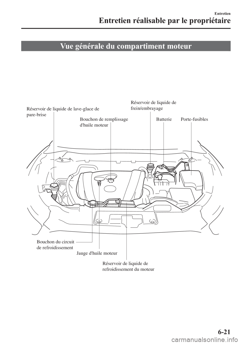 MAZDA MODEL CX-5 2014 Manuel du propriétaire (in French) Vue générale du compartiment moteur
Réservoir de liquide de lave-glace de
pare-brise
Bouchon de remplissage
dhuile moteurRéservoir de liquide de
frein/embrayage
Jauge dhuile moteurBatterie
R MAZDA MODEL CX-5 2014 Manuel du propriétaire (in French) Vue générale du compartiment moteur
Réservoir de liquide de lave-glace de
pare-brise
Bouchon de remplissage
dhuile moteurRéservoir de liquide de
frein/embrayage
Jauge dhuile moteurBatterie
R