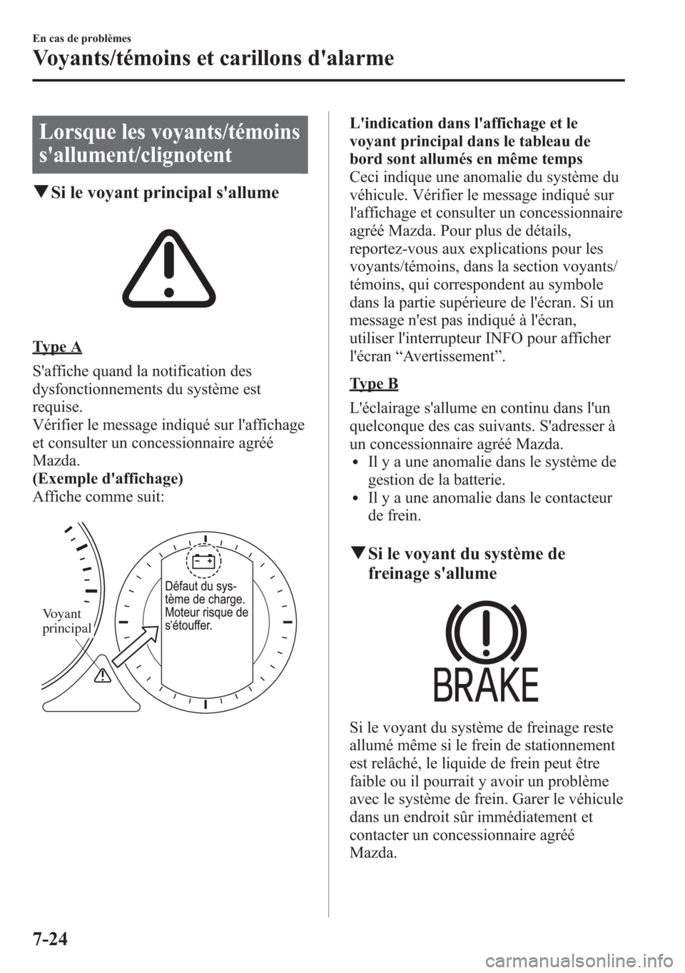 MAZDA MODEL CX-5 2014 Manuel du propriétaire (in French) Lorsque les voyants/témoins
sallument/clignotent
qSi le voyant principal sallume
Type A
Saffiche quand la notification des
dysfonctionnements du système est
requise.
Vérifier le message indiqué MAZDA MODEL CX-5 2014 Manuel du propriétaire (in French) Lorsque les voyants/témoins
sallument/clignotent
qSi le voyant principal sallume
Type A
Saffiche quand la notification des
dysfonctionnements du système est
requise.
Vérifier le message indiqué