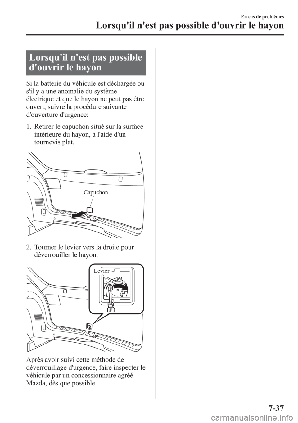 MAZDA MODEL CX-5 2014 Manuel du propriétaire (in French) Lorsquil nest pas possible
douvrir le hayon
Si la batterie du véhicule est déchargée ou
sil y a une anomalie du système
électrique et que le hayon ne peut pas être
ouvert, suivre la procédu MAZDA MODEL CX-5 2014 Manuel du propriétaire (in French) Lorsquil nest pas possible
douvrir le hayon
Si la batterie du véhicule est déchargée ou
sil y a une anomalie du système
électrique et que le hayon ne peut pas être
ouvert, suivre la procédu