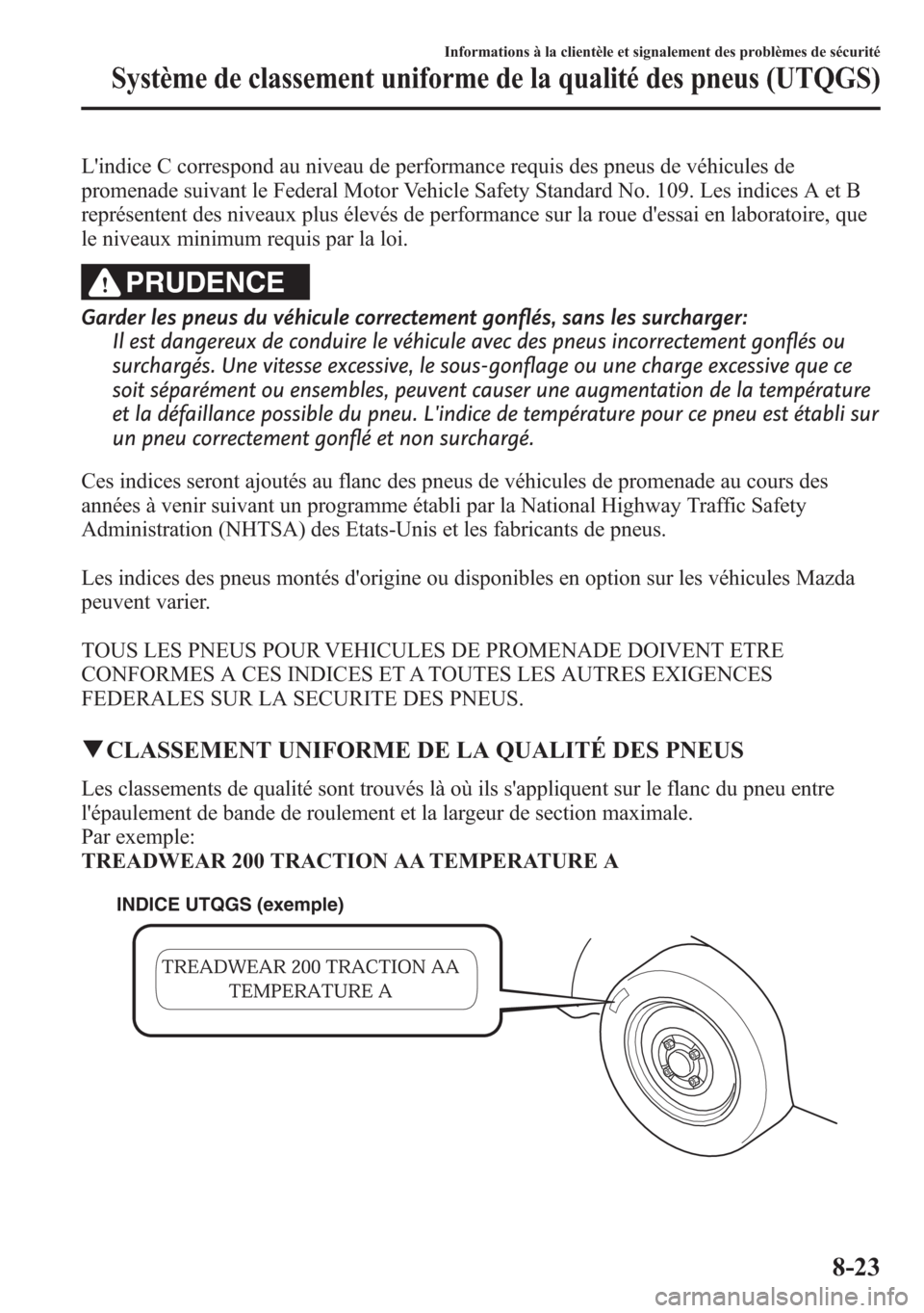 MAZDA MODEL CX-5 2014 Manuel du propriétaire (in French) Lindice C correspond au niveau de performance requis des pneus de véhicules de
promenade suivant le Federal Motor Vehicle Safety Standard No. 109. Les indices A et B
représentent des niveaux plus MAZDA MODEL CX-5 2014 Manuel du propriétaire (in French) Lindice C correspond au niveau de performance requis des pneus de véhicules de
promenade suivant le Federal Motor Vehicle Safety Standard No. 109. Les indices A et B
représentent des niveaux plus