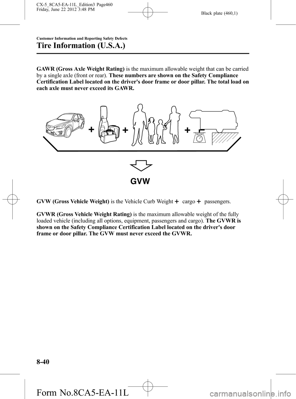 MAZDA MODEL CX-5 2013  Owners Manual (in English) Black plate (460,1)
GAWR (Gross Axle Weight Rating)is the maximum allowable weight that can be carried
by a single axle (front or rear).These numbers are shown on the Safety Compliance
Certification L