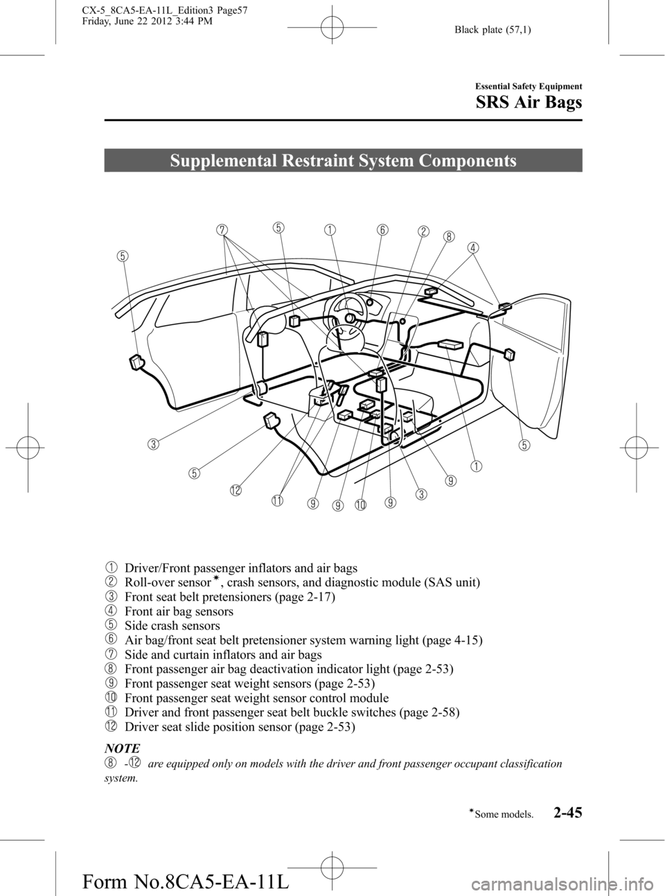 MAZDA MODEL CX-5 2013  Owners Manual (in English) Black plate (57,1)
Supplemental Restraint System Components
Driver/Front passenger inflators and air bags
Roll-over sensorí, crash sensors, and diagnostic module (SAS unit)
Front seat belt pretension