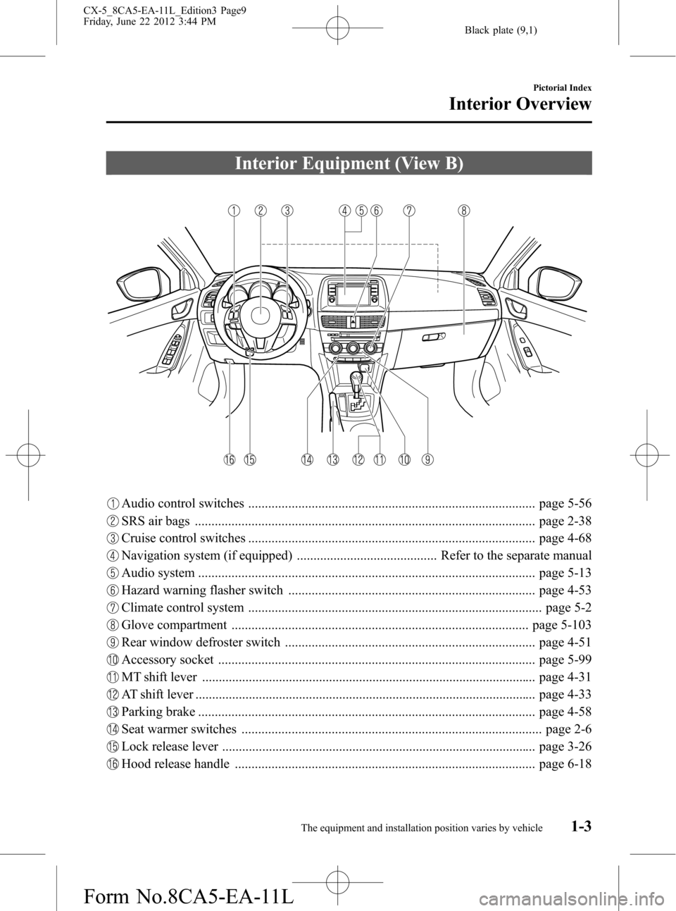 MAZDA MODEL CX-5 2013  Owners Manual (in English) Black plate (9,1)
Interior Equipment (View B)
Audio control switches ...................................................................................... page 5-56
SRS air bags .....................