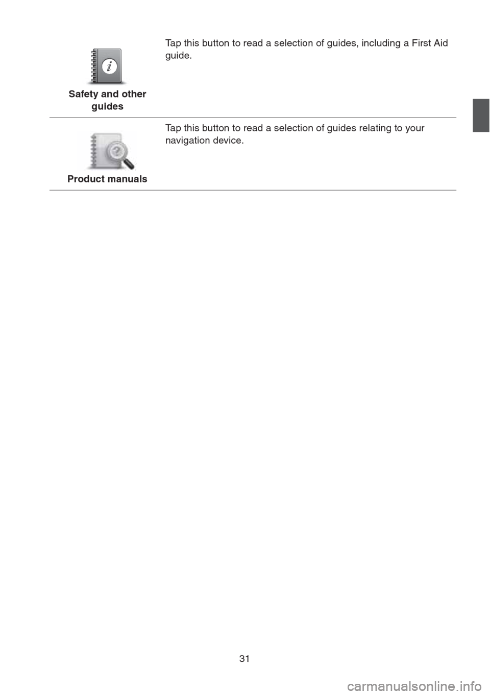 MAZDA MODEL CX-5 2013 Navigation Manual (in English) 31
Safety and other
guidesTap this button to read a selection of guides, including a First Aid
guide.
Product manualsTap this button to read a selection of guides relating to your
navigation device MAZDA MODEL CX-5 2013 Navigation Manual (in English) 31
Safety and other
guidesTap this button to read a selection of guides, including a First Aid
guide.
Product manualsTap this button to read a selection of guides relating to your
navigation device