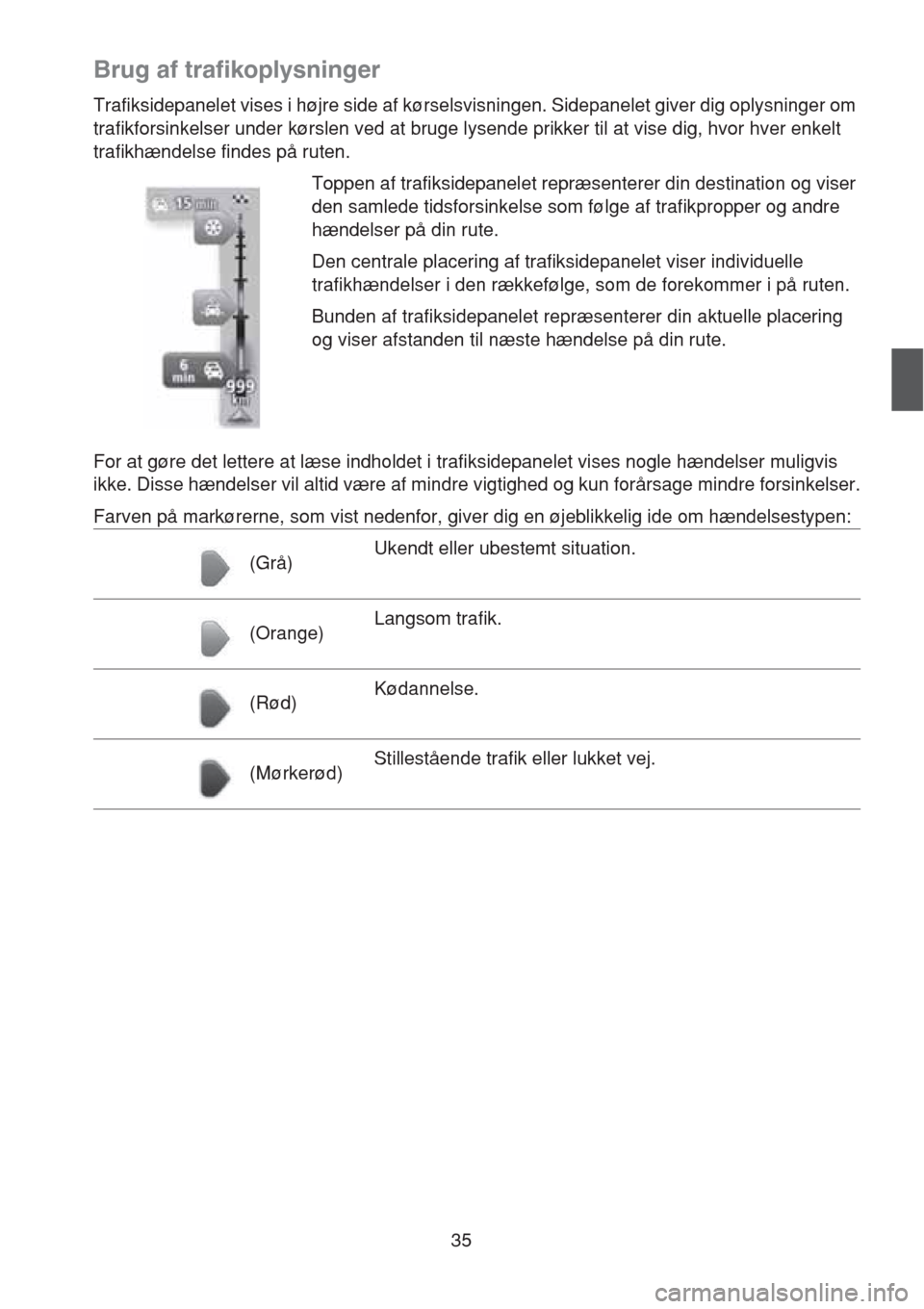 MAZDA MODEL CX-5 2013 Navigation Manual (in Danish) 35
Brug af trafikoplysninger
Trafiksidepanelet vises i højre side af kørselsvisningen. Sidepanelet giver dig oplysninger om
trafikforsinkelser under kørslen ved at bruge lysende prikker til at vis MAZDA MODEL CX-5 2013 Navigation Manual (in Danish) 35
Brug af trafikoplysninger
Trafiksidepanelet vises i højre side af kørselsvisningen. Sidepanelet giver dig oplysninger om
trafikforsinkelser under kørslen ved at bruge lysende prikker til at vis