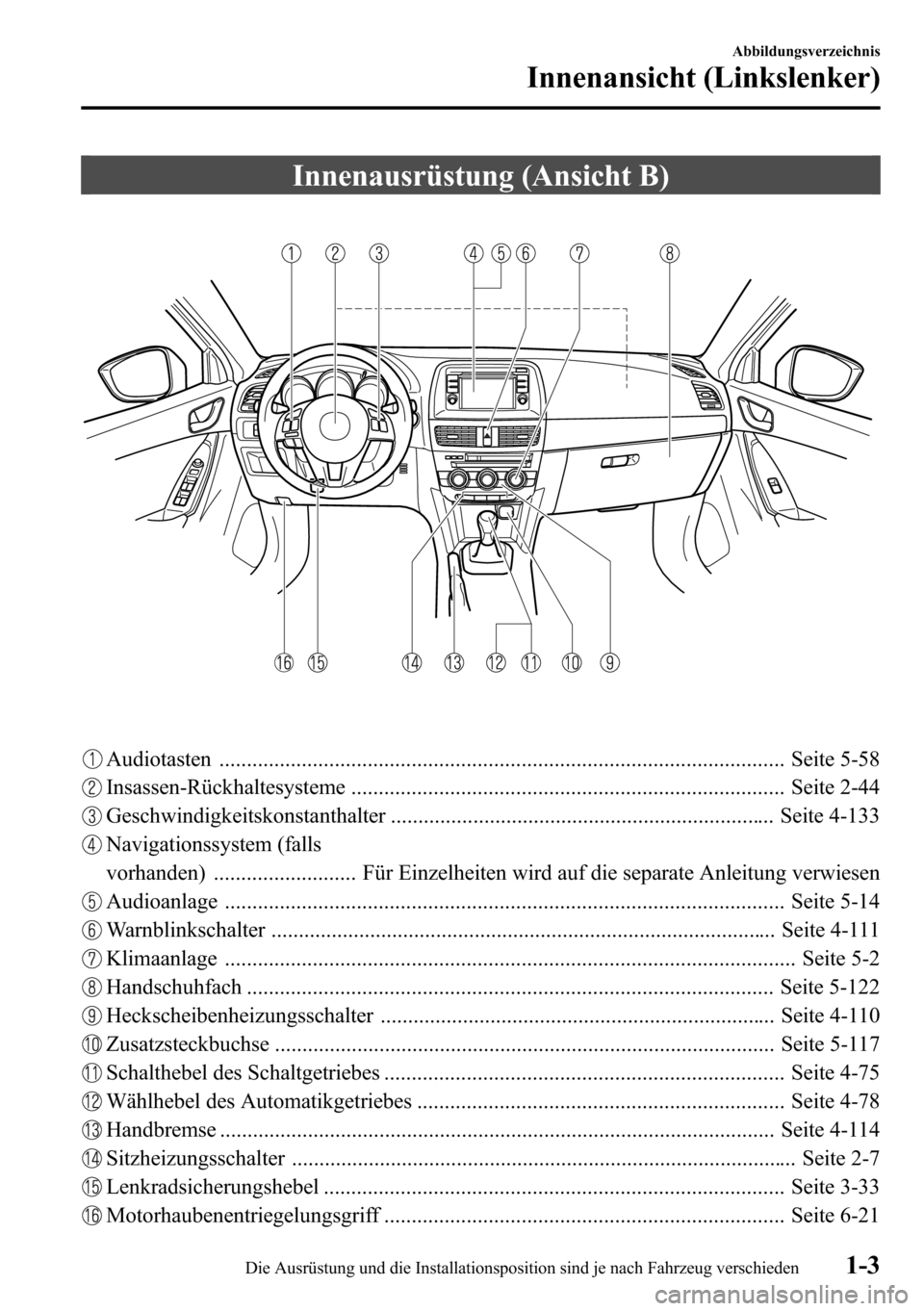 MAZDA MODEL CX-5 2013  Betriebsanleitung (in German) Innenausrüstung (Ansicht B)
Audiotasten ....................................................................................................... Seite 5-58
Insassen-Rückhaltesysteme .................