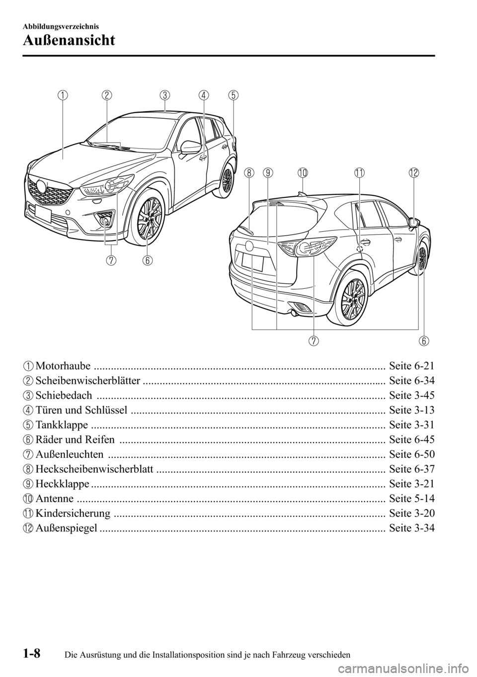 MAZDA MODEL CX-5 2013  Betriebsanleitung (in German) Motorhaube ....................................................................................................... Seite 6-21
Scheibenwischerblätter ..................................................