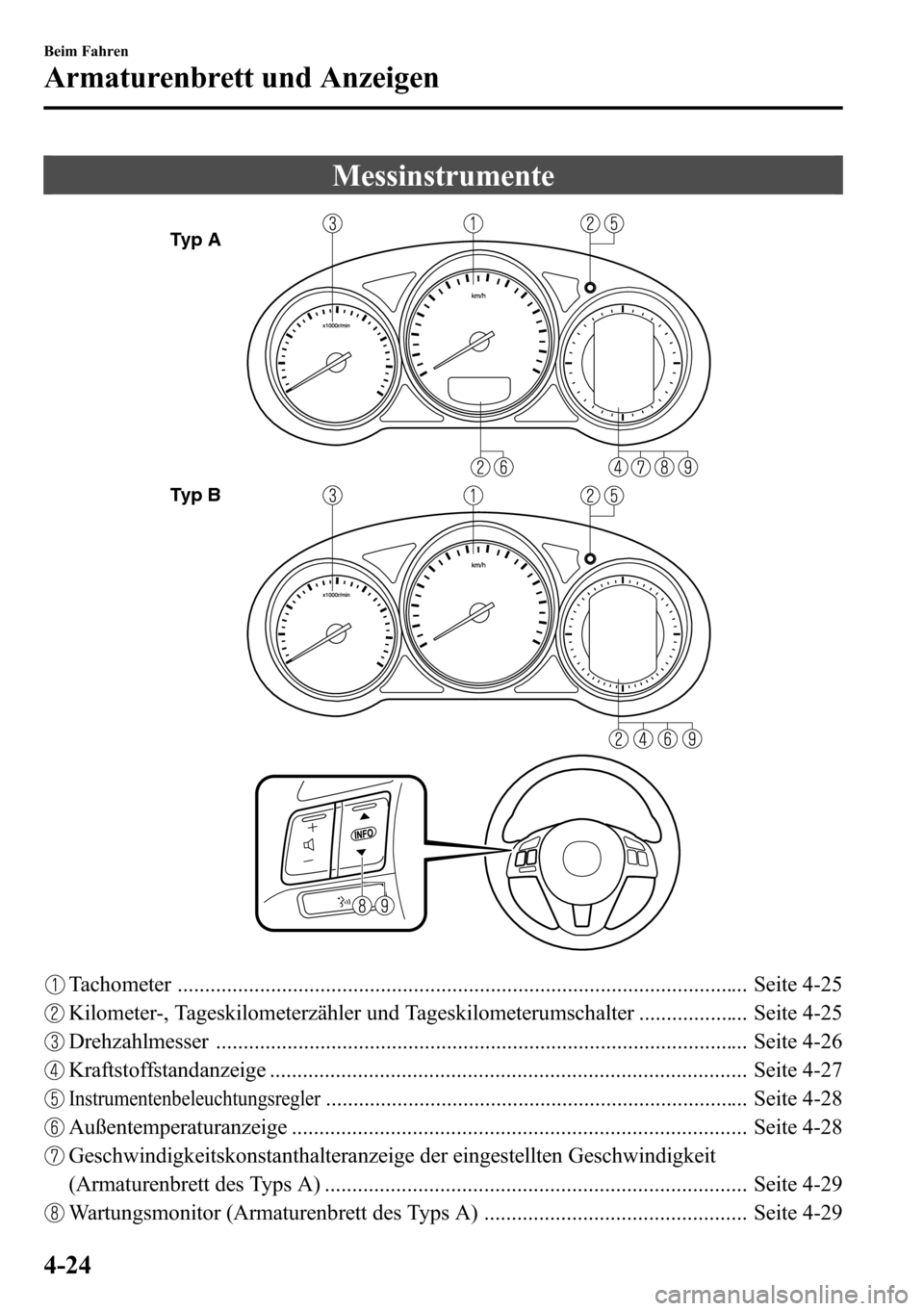 MAZDA MODEL CX-5 2013 Betriebsanleitung (in German) Messinstrumente
Typ A
Typ B
Tachometer ........................................................................................................ Seite 4-25
Kilometer-, Tageskilometerzähler und Tageski MAZDA MODEL CX-5 2013 Betriebsanleitung (in German) Messinstrumente
Typ A
Typ B
Tachometer ........................................................................................................ Seite 4-25
Kilometer-, Tageskilometerzähler und Tageski