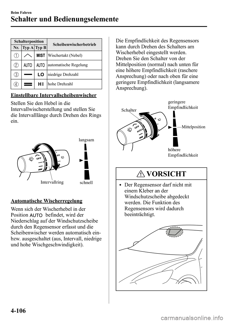 MAZDA MODEL CX-5 2013 Betriebsanleitung (in German) Schalterposition
Scheibenwischerbetrieb
Nr. Typ A Typ B
Wischertakt (Nebel)
automatische Regelung
niedrige Drehzahl
hohe Drehzahl
Einstellbare Intervallscheibenwischer
Stellen Sie den Hebel in die
Int MAZDA MODEL CX-5 2013 Betriebsanleitung (in German) Schalterposition
Scheibenwischerbetrieb
Nr. Typ A Typ B
Wischertakt (Nebel)
automatische Regelung
niedrige Drehzahl
hohe Drehzahl
Einstellbare Intervallscheibenwischer
Stellen Sie den Hebel in die
Int