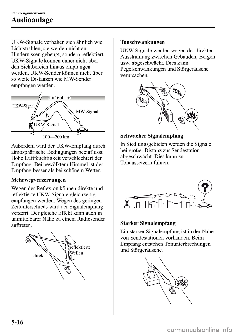 MAZDA MODEL CX-5 2013  Betriebsanleitung (in German) UKW-Signale verhalten sich ähnlich wie
Lichtstrahlen, sie werden nicht an
Hindernissen gebeugt, sondern reflektiert.
UKW-Signale können daher nicht über
den Sichtbereich hinaus empfangen
werden. UK