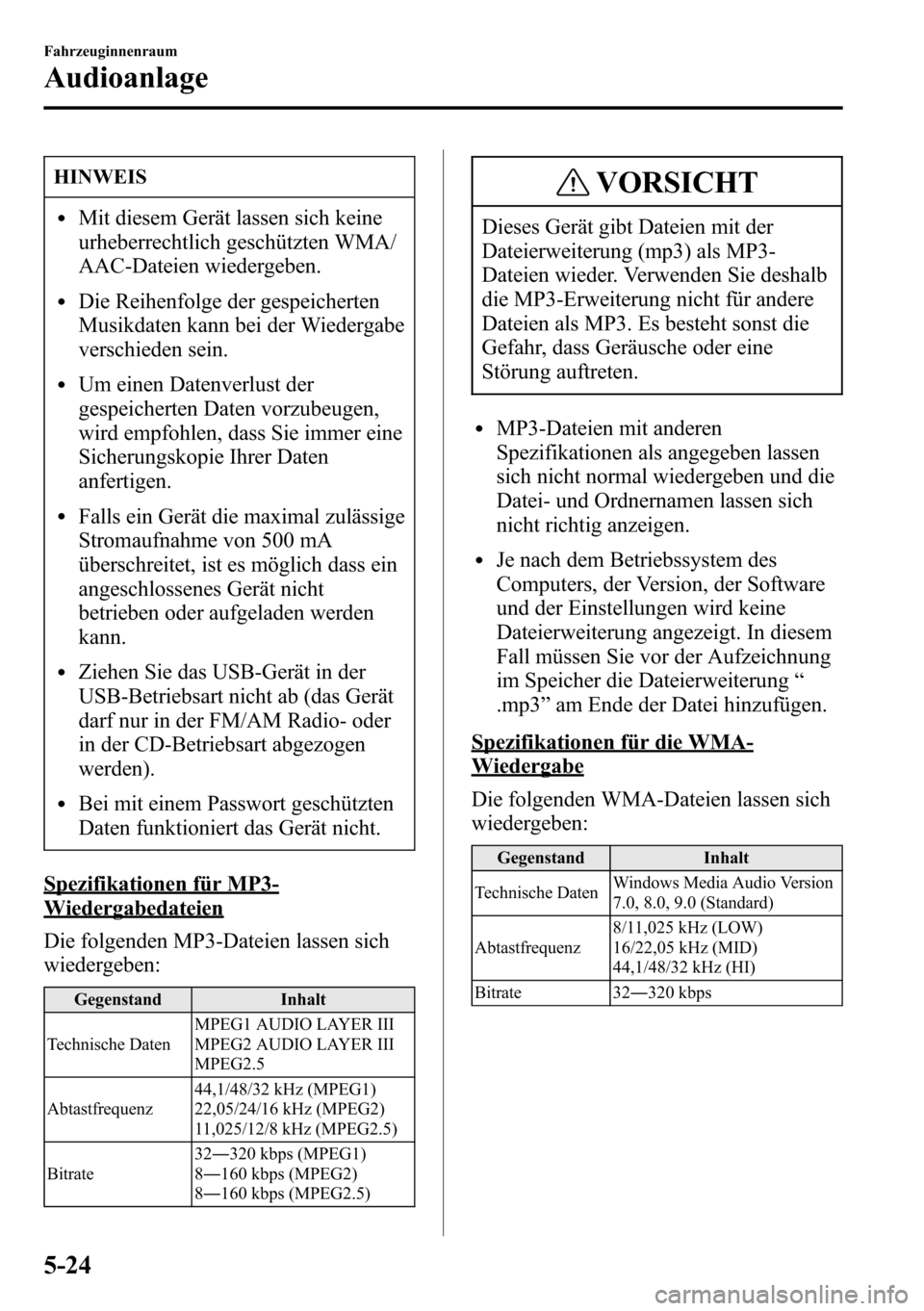 MAZDA MODEL CX-5 2013 Betriebsanleitung (in German) HINWEIS
lMit diesem Gerät lassen sich keine
urheberrechtlich geschützten WMA/
AAC-Dateien wiedergeben.
lDie Reihenfolge der gespeicherten
Musikdaten kann bei der Wiedergabe
verschieden sein.
lUm ein MAZDA MODEL CX-5 2013 Betriebsanleitung (in German) HINWEIS
lMit diesem Gerät lassen sich keine
urheberrechtlich geschützten WMA/
AAC-Dateien wiedergeben.
lDie Reihenfolge der gespeicherten
Musikdaten kann bei der Wiedergabe
verschieden sein.
lUm ein