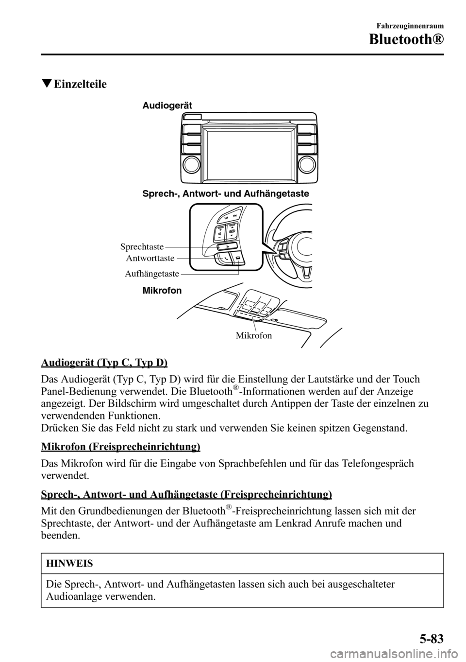 MAZDA MODEL CX-5 2013  Betriebsanleitung (in German) qEinzelteile
Mikrofon Sprech-, Antwort- und Aufhängetaste
Mikrofon
Sprechtaste
AufhängetasteAntworttaste
Audiogerät
Audiogerät (Typ C, Typ D)
Das Audiogerät (Typ C, Typ D) wird für die Einstellu