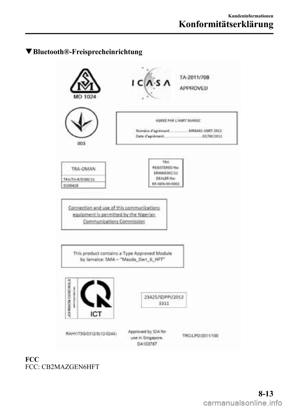 MAZDA MODEL CX-5 2013  Betriebsanleitung (in German) qBluetooth®-Freisprecheinrichtung
FCC
FCC: CB2MAZGEN6HFT
Kundeninformationen
Konformitätserklärung
8-13 