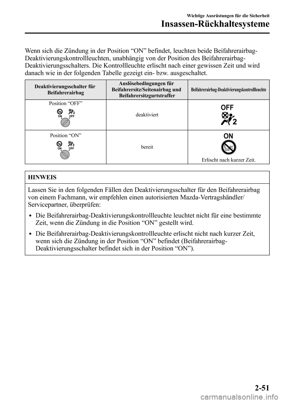 MAZDA MODEL CX-5 2013  Betriebsanleitung (in German) Wenn sich die Zündung in der Position“ON”befindet, leuchten beide Beifahrerairbag-
Deaktivierungskontrollleuchten, unabhängig von der Position des Beifahrerairbag-
Deaktivierungsschalters. Die K