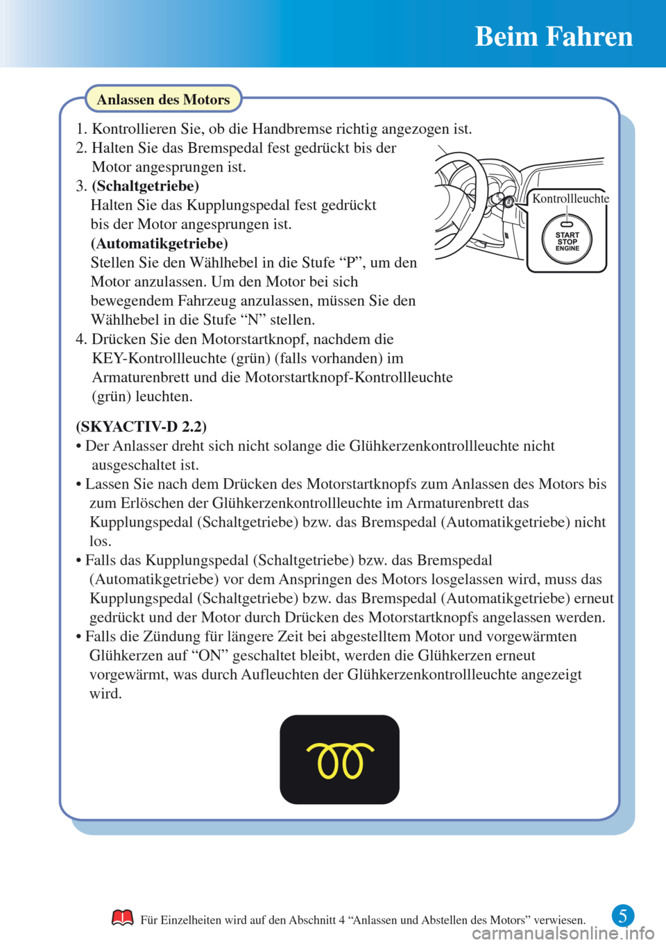 MAZDA MODEL CX-5 2013  Kurzanleitung (in German) Beim Fahren 
5 
Kontrollleuchte
Anlassen des Motors
Für Einzelheiten wird auf den Abschnitt 4 “Anlassen und Abstellen des Motors” verwiesen. 
(SKYACTIV-D 2.2)
• Der Anlasser dreht sich nicht so