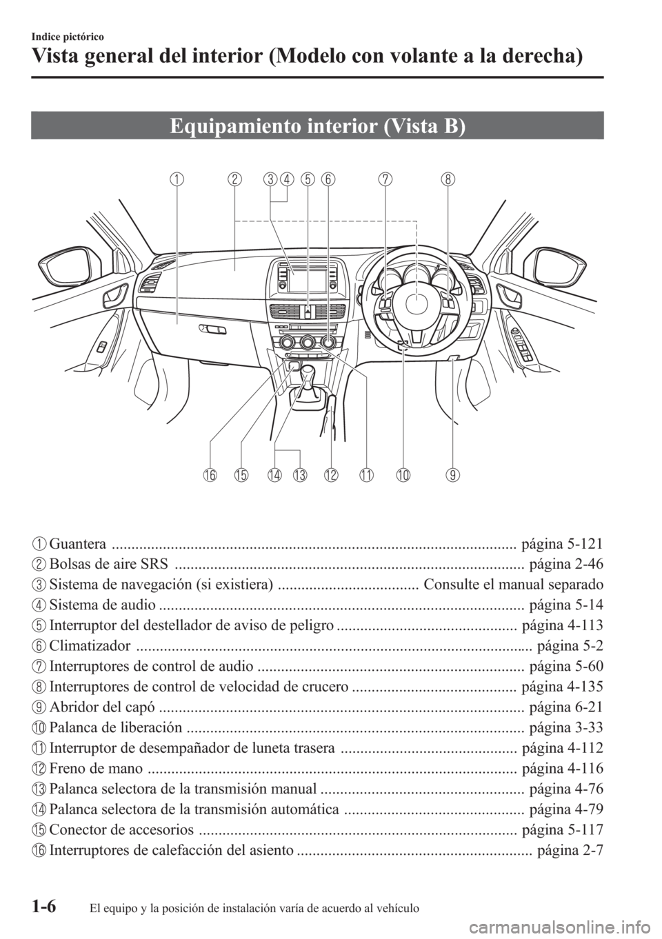 MAZDA MODEL CX-5 2013 Manual del propietario (in Spanish) Equipamiento interior (Vista B)
Guantera ....................................................................................................... página 5-121
Bolsas de aire SRS ...................... MAZDA MODEL CX-5 2013 Manual del propietario (in Spanish) Equipamiento interior (Vista B)
Guantera ....................................................................................................... página 5-121
Bolsas de aire SRS ......................