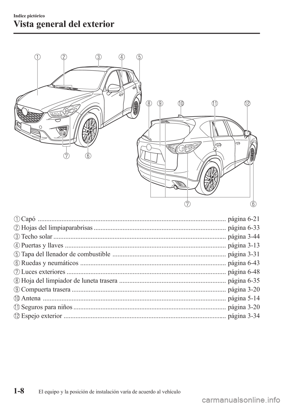 MAZDA MODEL CX-5 2013 Manual del propietario (in Spanish) Capó ............................................................................................................... página 6-21
Hojas del limpiaparabrisas .......................................... MAZDA MODEL CX-5 2013 Manual del propietario (in Spanish) Capó ............................................................................................................... página 6-21
Hojas del limpiaparabrisas ..........................................