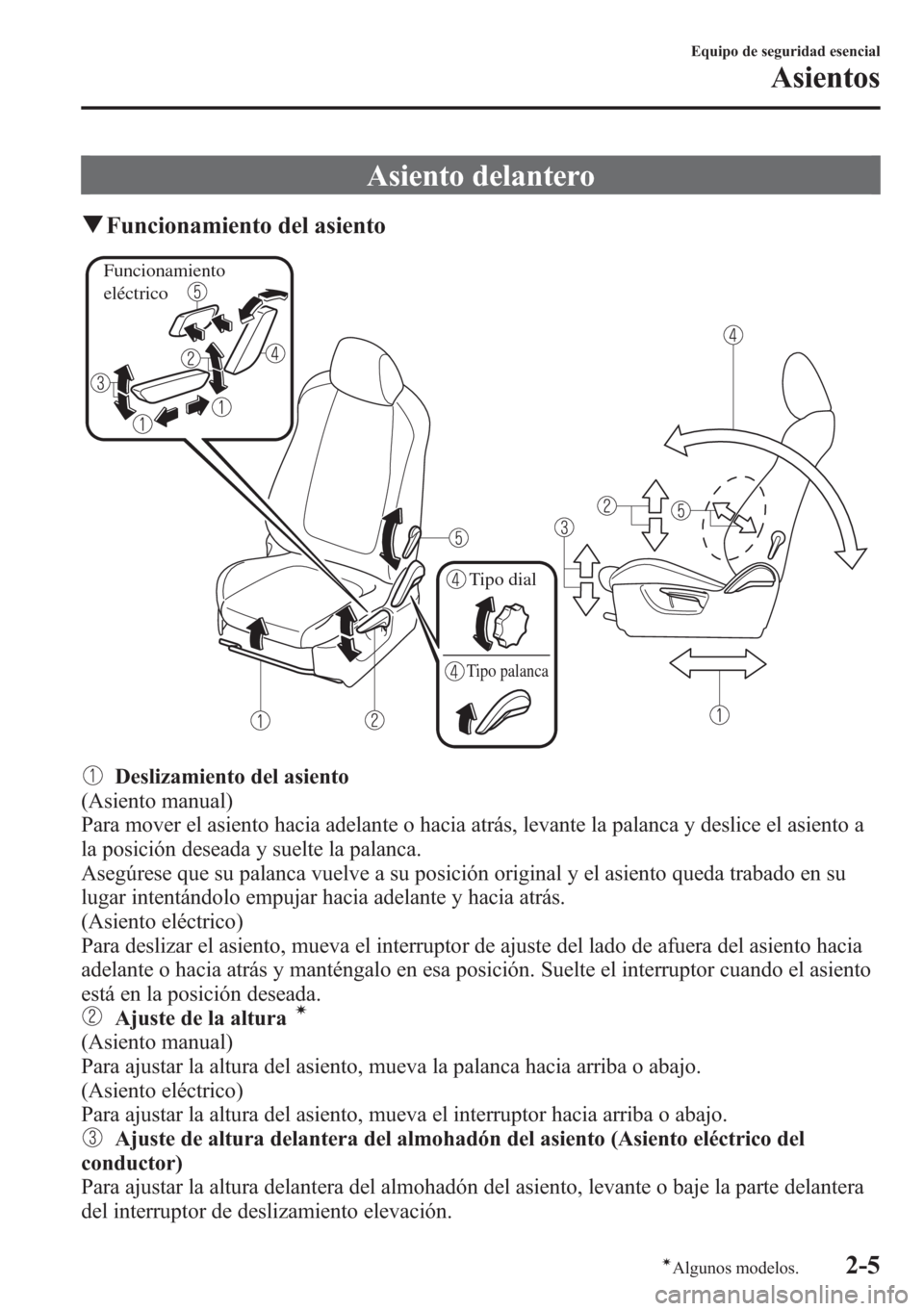 MAZDA MODEL CX-5 2013 Manual del propietario (in Spanish) Asiento delantero
qFuncionamiento del asiento
Funcionamiento
eléctrico
Tipo dial
Tipo palanca
Deslizamiento del asiento
(Asiento manual)
Para mover el asiento hacia adelante o hacia atrás, levante MAZDA MODEL CX-5 2013 Manual del propietario (in Spanish) Asiento delantero
qFuncionamiento del asiento
Funcionamiento
eléctrico
Tipo dial
Tipo palanca
Deslizamiento del asiento
(Asiento manual)
Para mover el asiento hacia adelante o hacia atrás, levante