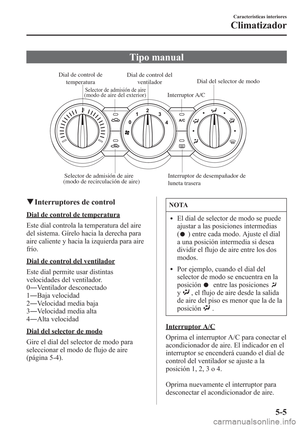 MAZDA MODEL CX-5 2013  Manual del propietario (in Spanish)  Tipo manual
Dial de control de 
temperatura
Interruptor A/C
Interruptor de desempañador de 
luneta traseraDial de control del 
ventiladorDial del selector de modo
Selector de admisión de aire
(modo 
