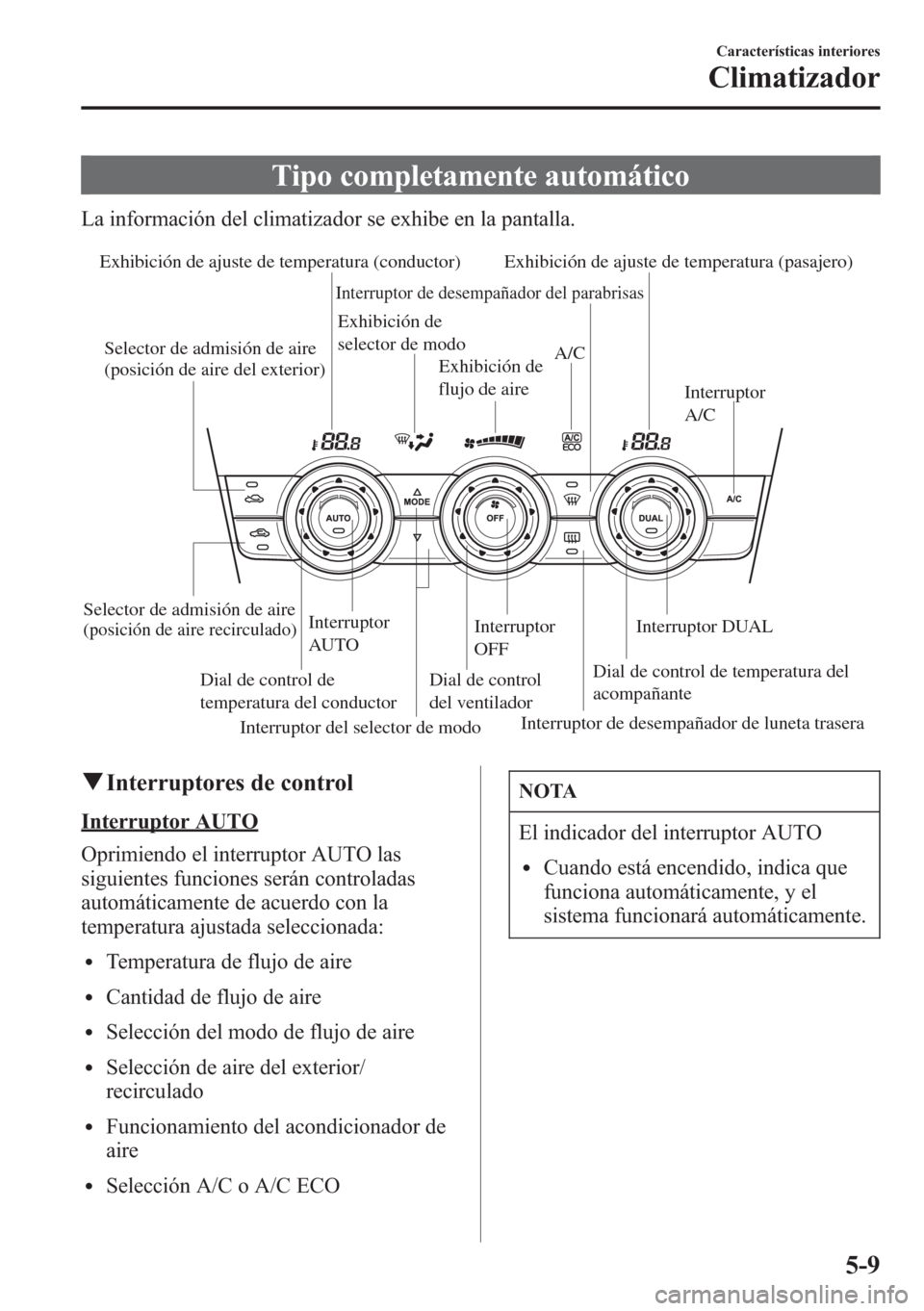 MAZDA MODEL CX-5 2013 Manual del propietario (in Spanish) Tipo completamente automático
La información del climatizador se exhibe en la pantalla.
Exhibición de
flujo de aire
Exhibición de ajuste de temperatura (conductor)
Exhibición de
selector de mod MAZDA MODEL CX-5 2013 Manual del propietario (in Spanish) Tipo completamente automático
La información del climatizador se exhibe en la pantalla.
Exhibición de
flujo de aire
Exhibición de ajuste de temperatura (conductor)
Exhibición de
selector de mod