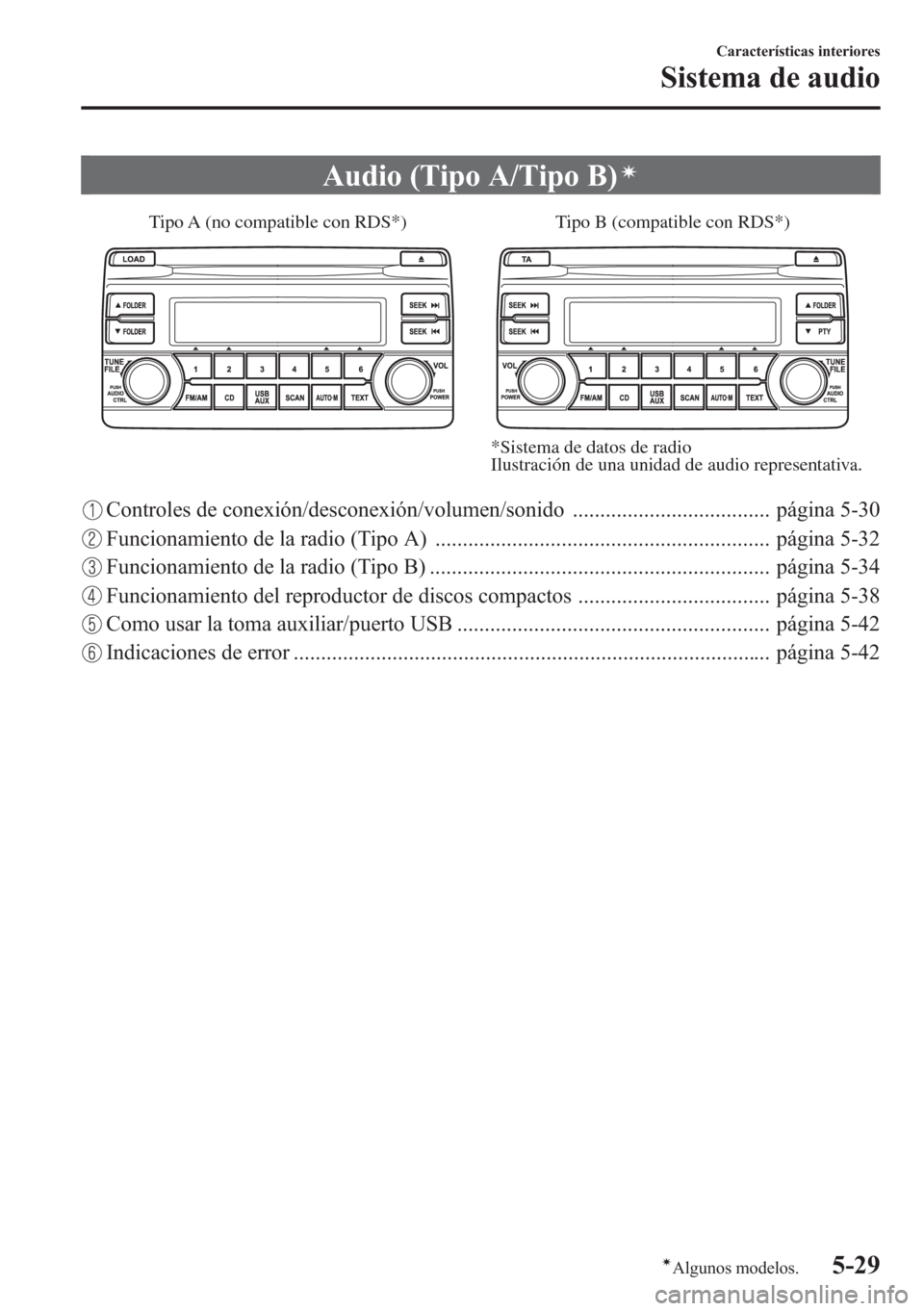 MAZDA MODEL CX-5 2013  Manual del propietario (in Spanish)  Audio (Tipo A/Tipo B)í
Tipo B (compatible con RDS*) Tipo A (no compatible con RDS*)
*Sistema de datos de radio
Ilustración de una unidad de audio representativa.
Controles de conexión/desconexión/