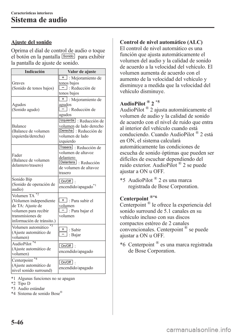 MAZDA MODEL CX-5 2013  Manual del propietario (in Spanish)  Ajuste del sonido
Oprima el dial de control de audio o toque
el botón en la pantalla
para exhibir
la pantalla de ajuste de sonido.
Indicación Valor de ajuste
Graves
(Sonido de tonos bajos)
: Mejoram