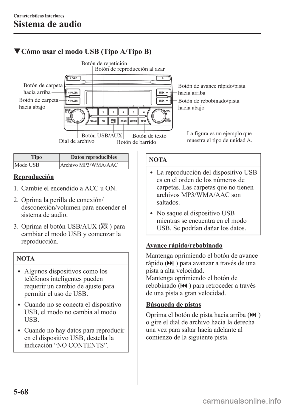 MAZDA MODEL CX-5 2013  Manual del propietario (in Spanish)  qCómo usar el modo USB (Tipo A/Tipo B)
Dial de archivoBotón de barrido
Botón de reproducción al azar Botón de repetición
Botón USB/AUXBotón de texto
Botón de carpeta 
hacia abajoBotón de car