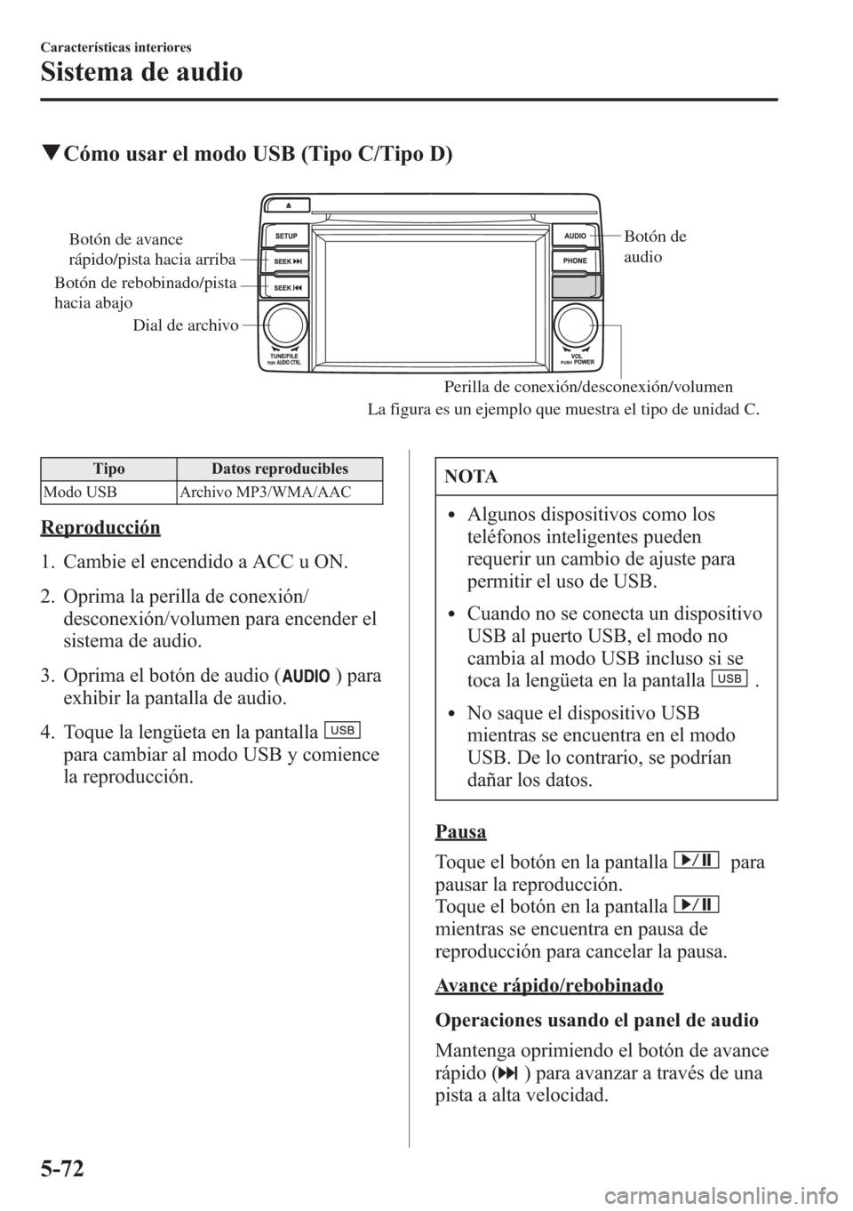 MAZDA MODEL CX-5 2013  Manual del propietario (in Spanish)  qCómo usar el modo USB (Tipo C/Tipo D)
Dial de archivoBotón de 
audio
Perilla de conexión/desconexión/volumen
Botón de avance 
rápido/pista hacia arriba
Botón de rebobinado/pista 
hacia abajo
L