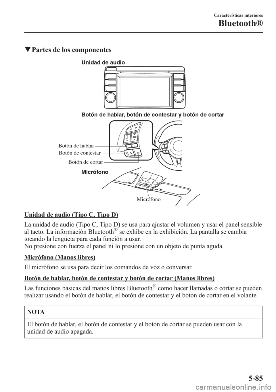 MAZDA MODEL CX-5 2013  Manual del propietario (in Spanish)  qPartes de los componentes
Micrófono Botón de hablar, botón de contestar y botón de cortar
Micrófono
Botón de hablar
Botón de cortar Botón de contestar
Unidad de audio
Unidad de audio (Tipo C,