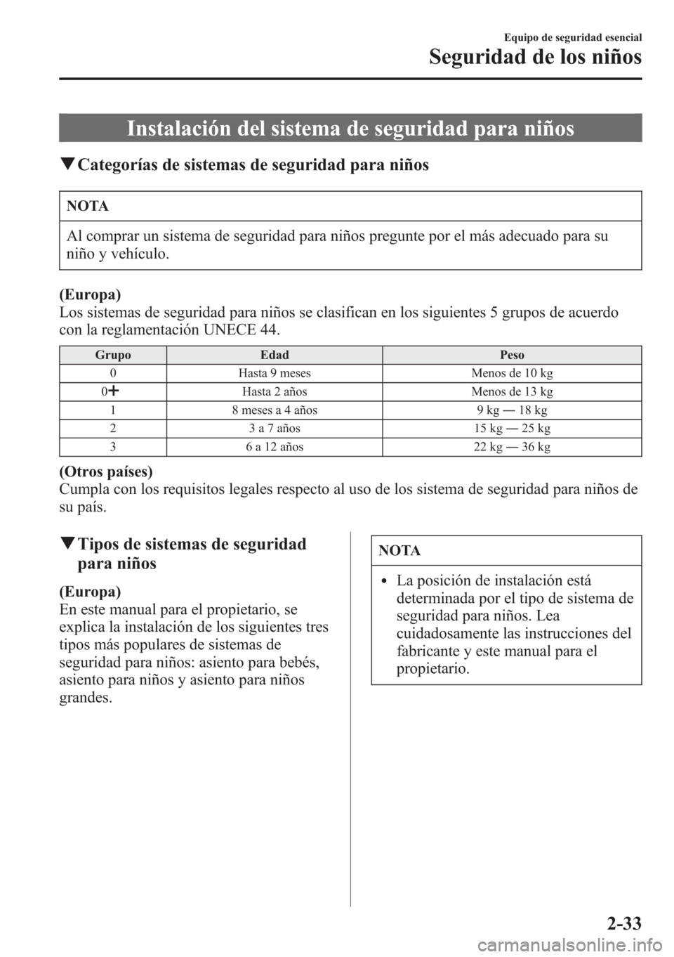 MAZDA MODEL CX-5 2013  Manual del propietario (in Spanish)  Instalación del sistema de seguridad para niños
qCategorías de sistemas de seguridad para niños
NOTA
Al comprar un sistema de seguridad para niños pregunte por el más adecuado para su
niño y ve