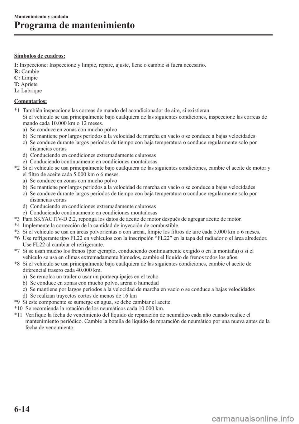 MAZDA MODEL CX-5 2013  Manual del propietario (in Spanish)  Símbolos de cuadros:
I:Inspeccione: Inspeccione y limpie, repare, ajuste, llene o cambie si fuera necesario.
R:Cambie
C:Limpie
T:Apriete
L:Lubrique
Comentarios:
*1 También inspeccione las correas de