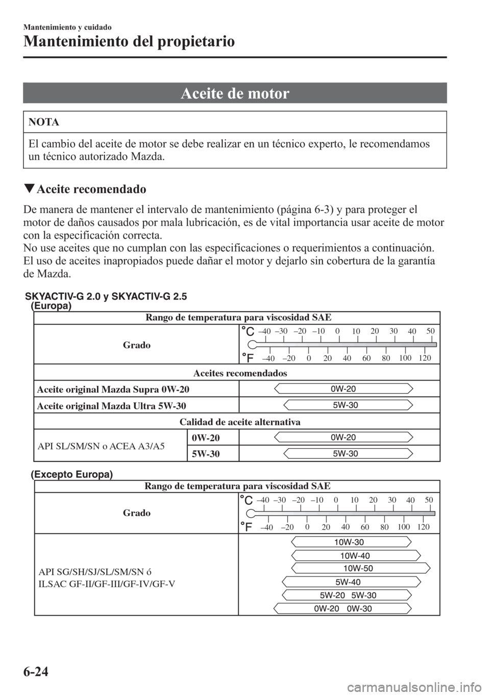 MAZDA MODEL CX-5 2013  Manual del propietario (in Spanish)  Aceite de motor
NOTA
El cambio del aceite de motor se debe realizar en un técnico experto, le recomendamos
un técnico autorizado Mazda.
qAceite recomendado
De manera de mantener el intervalo de mant