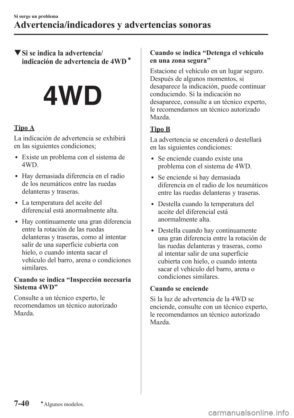 MAZDA MODEL CX-5 2013  Manual del propietario (in Spanish)  qSi se indica la advertencia/
indicación de advertencia de 4WDí
Tipo A
La indicación de advertencia se exhibirá
en las siguientes condiciones;
lExiste un problema con el sistema de
4WD.
lHay demas