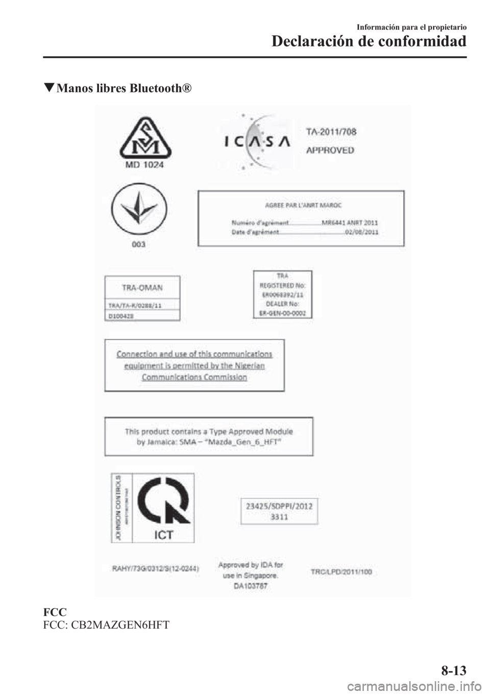 MAZDA MODEL CX-5 2013 Manual del propietario (in Spanish) qManos libres Bluetooth®
FCC
FCC: CB2MAZGEN6HFT
Información para el propietario
Declaración de conformidad
8-13 MAZDA MODEL CX-5 2013 Manual del propietario (in Spanish) qManos libres Bluetooth®
FCC
FCC: CB2MAZGEN6HFT
Información para el propietario
Declaración de conformidad
8-13