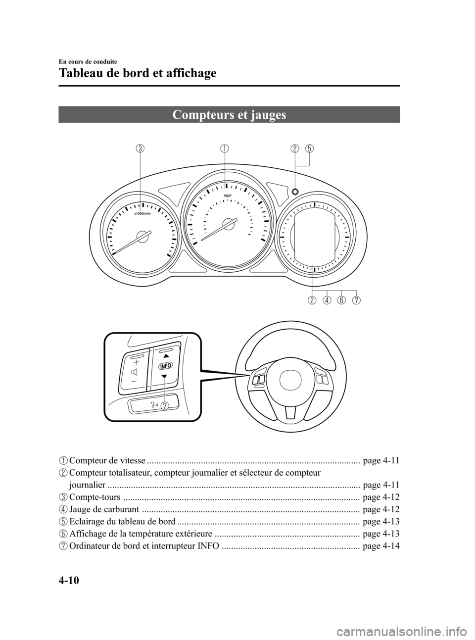 MAZDA MODEL CX-5 2013 Manuel du propriétaire (in French) Black plate (154,1)
Compteurs et jauges
Compteur de vitesse ........................................................................................... page 4-11
Compteur totalisateur, compteur journa MAZDA MODEL CX-5 2013 Manuel du propriétaire (in French) Black plate (154,1)
Compteurs et jauges
Compteur de vitesse ........................................................................................... page 4-11
Compteur totalisateur, compteur journa