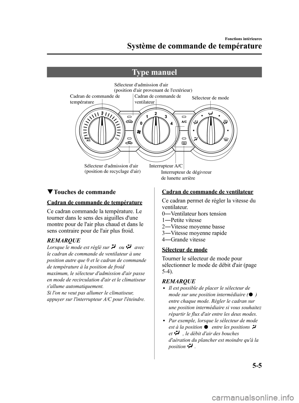 MAZDA MODEL CX-5 2013 Manuel du propriétaire (in French) Black plate (247,1)
Type manuel
Cadran de commande de
température
Sélecteur dadmission dair
(position de recyclage dair)Sélecteur dadmission dair
(position dair provenant de lextérieur)
MAZDA MODEL CX-5 2013 Manuel du propriétaire (in French) Black plate (247,1)
Type manuel
Cadran de commande de
température
Sélecteur dadmission dair
(position de recyclage dair)Sélecteur dadmission dair
(position dair provenant de lextérieur)