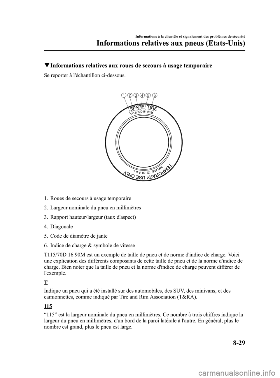 MAZDA MODEL CX-5 2013 Manuel du propriétaire (in French) Black plate (489,1)
qInformations relatives aux roues de secours à usage temporaire
Se reporter à léchantillon ci-dessous.
1. Roues de secours à usage temporaire
2. Largeur nominale du pneu en mi MAZDA MODEL CX-5 2013 Manuel du propriétaire (in French) Black plate (489,1)
qInformations relatives aux roues de secours à usage temporaire
Se reporter à léchantillon ci-dessous.
1. Roues de secours à usage temporaire
2. Largeur nominale du pneu en mi