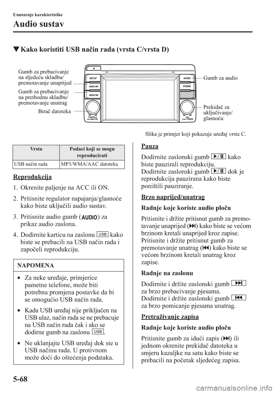 MAZDA MODEL CX-5 2013  Upute za uporabu (in Crotian) 5-68
Unutarnje karakteristike
Audio sustav
tKako koristiti USB nain rada (vrsta C/vrsta D)
Reprodukcija
1. Okrenite paljenje na ACC ili ON.
2. Pritisnite regulator napajanja/glasnoe 
kako biste uklj