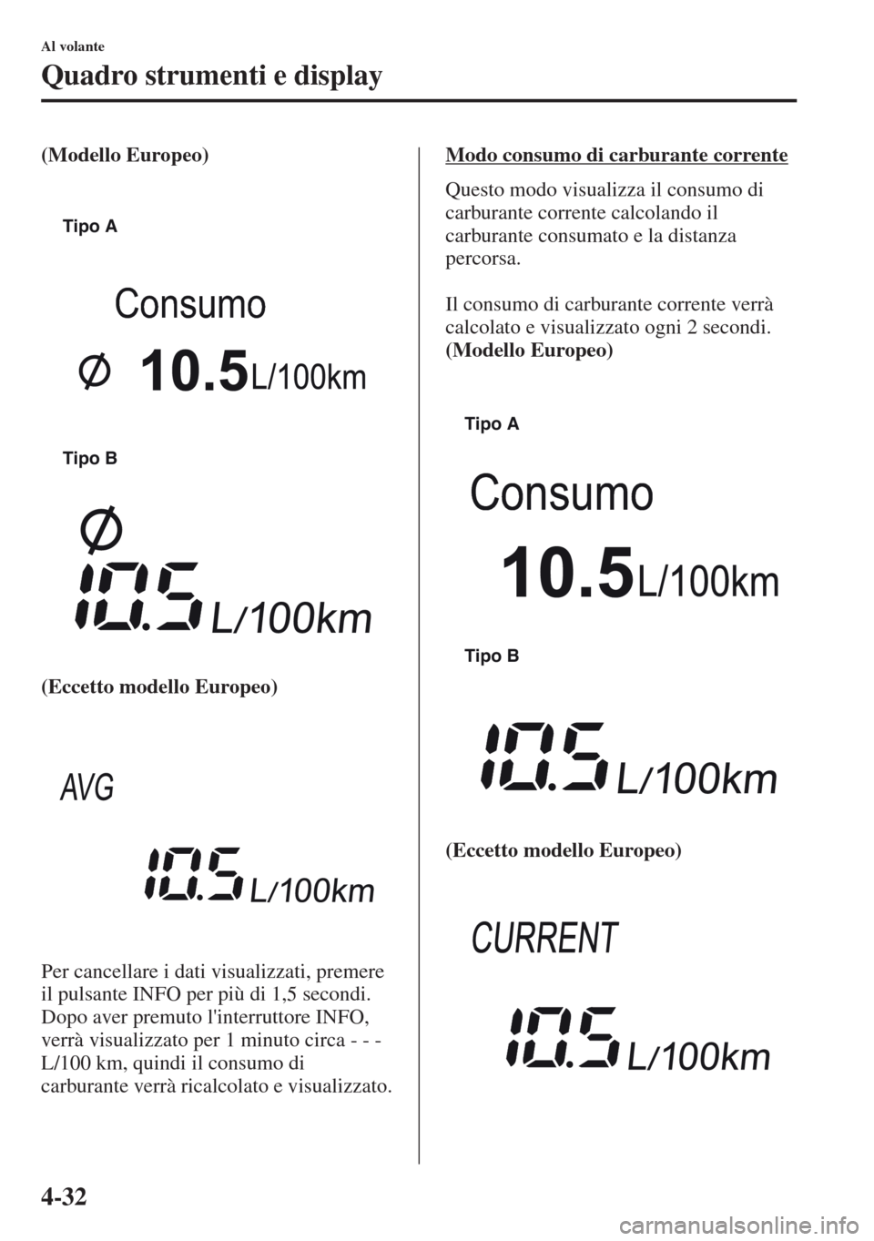 MAZDA MODEL CX-5 2013 Manuale del proprietario (in Italian) 4-32
Al volante
Quadro strumenti e display
(Modello Europeo)
(Eccetto modello Europeo)
Per cancellare i dati visualizzati, premere
il pulsante INFO per più di 1,5 secondi.
Dopo aver premuto linterr MAZDA MODEL CX-5 2013 Manuale del proprietario (in Italian) 4-32
Al volante
Quadro strumenti e display
(Modello Europeo)
(Eccetto modello Europeo)
Per cancellare i dati visualizzati, premere
il pulsante INFO per più di 1,5 secondi.
Dopo aver premuto linterr