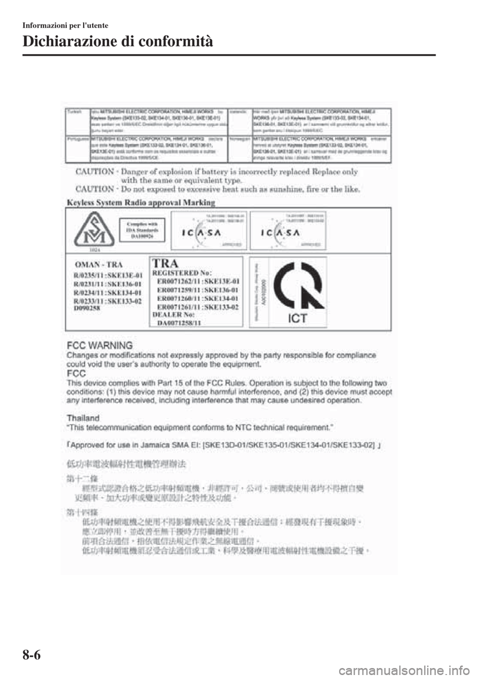 MAZDA MODEL CX-5 2013 Manuale del proprietario (in Italian) 8-6
Informazioni per lutente
Dichiarazione di conformità MAZDA MODEL CX-5 2013 Manuale del proprietario (in Italian) 8-6
Informazioni per lutente
Dichiarazione di conformità