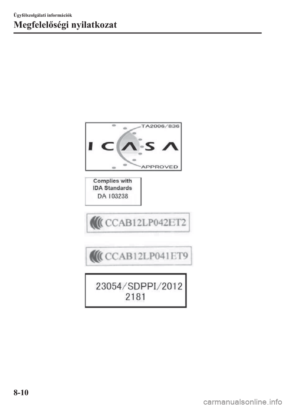 MAZDA MODEL CX-5 2013  Kezelési útmutató (in Hungarian) 8-10
Ügyfélszolgálati információk
Megfelelségi nyilatkozat 